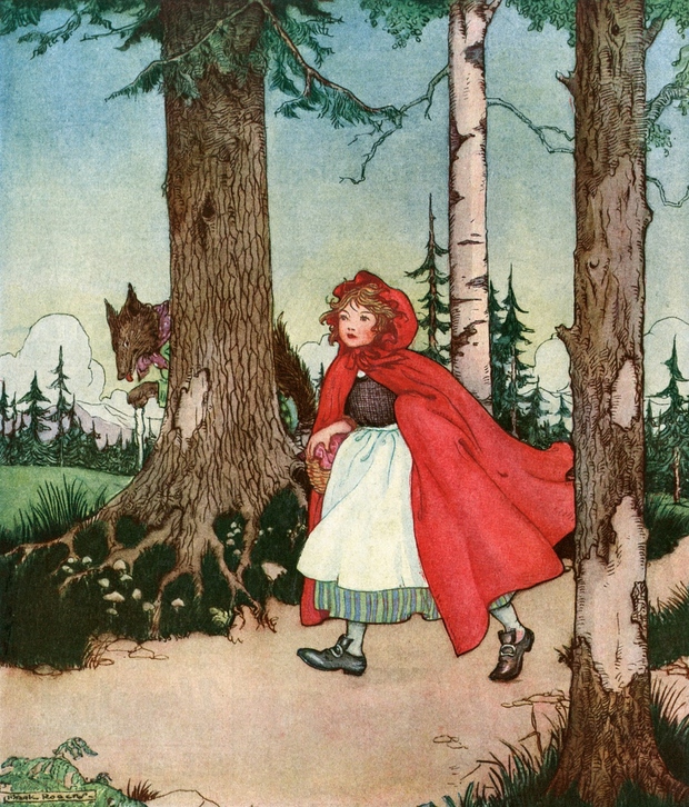 OVEN - RDEČA KAPICA: Ko je veselo poskakovala po gozdni poti, je pred njo nenadoma skočil velik volk. Prav nič …