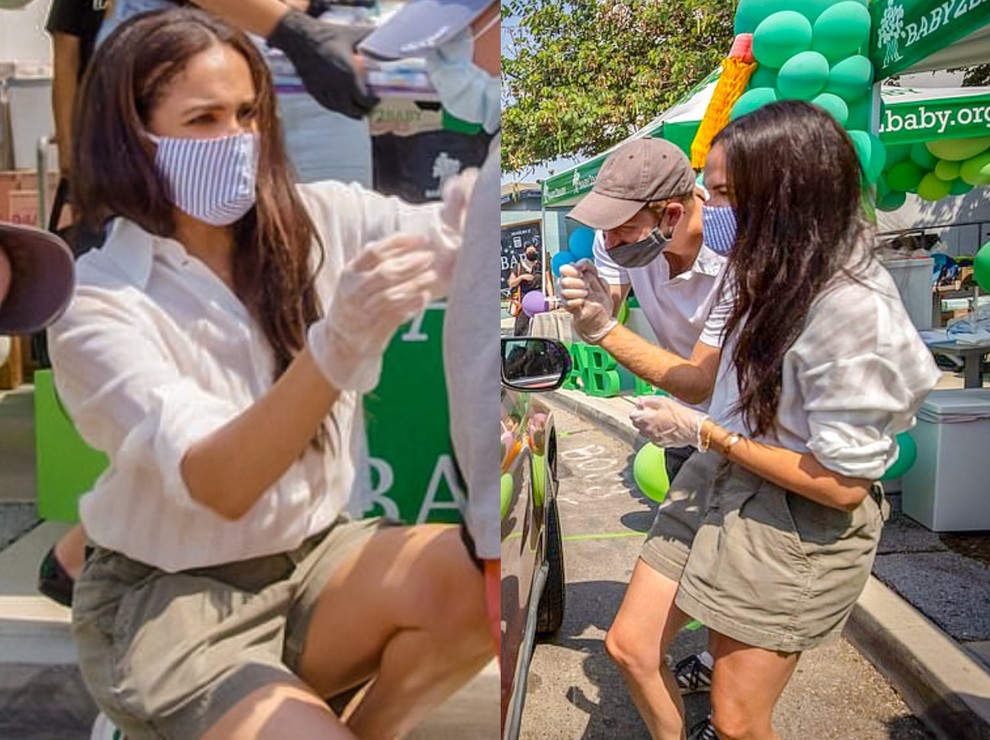 👉Meghan in njen stajling! 😍 Vojvodinja je za to priložnost oblekla "oversized" belo srajco in kratke hlače vojaške barve, njen …