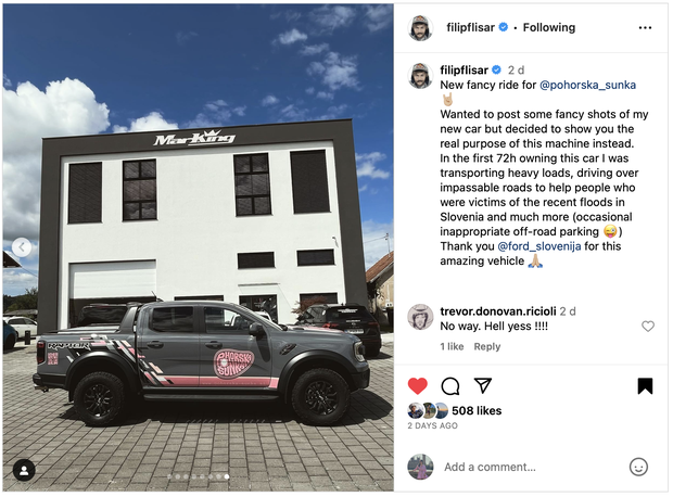"Nova 'fensi' vožnja za Pohorsko šunko 🤘🏼" je zapisal pod fotografijo. Filip Flisar sedaj vozi popolnoma novo različico Forda Rangerja. …