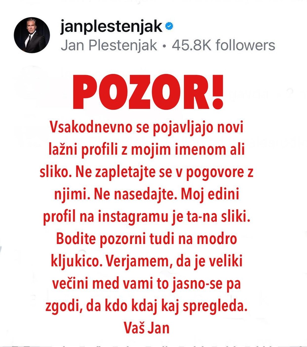 Jan je delil pomembno novico, da se v njegovem imenu pojavljajo lažni spletni profili. Jan sicer ni edina žrtev spletne …