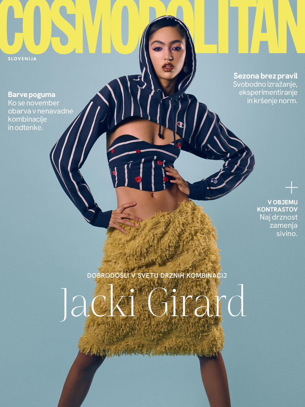 (Digitalna naslovnica) Jacki Girard nas pozdravlja v svet drznih kombinacij (foto: Cosmopolitan Slovenija)